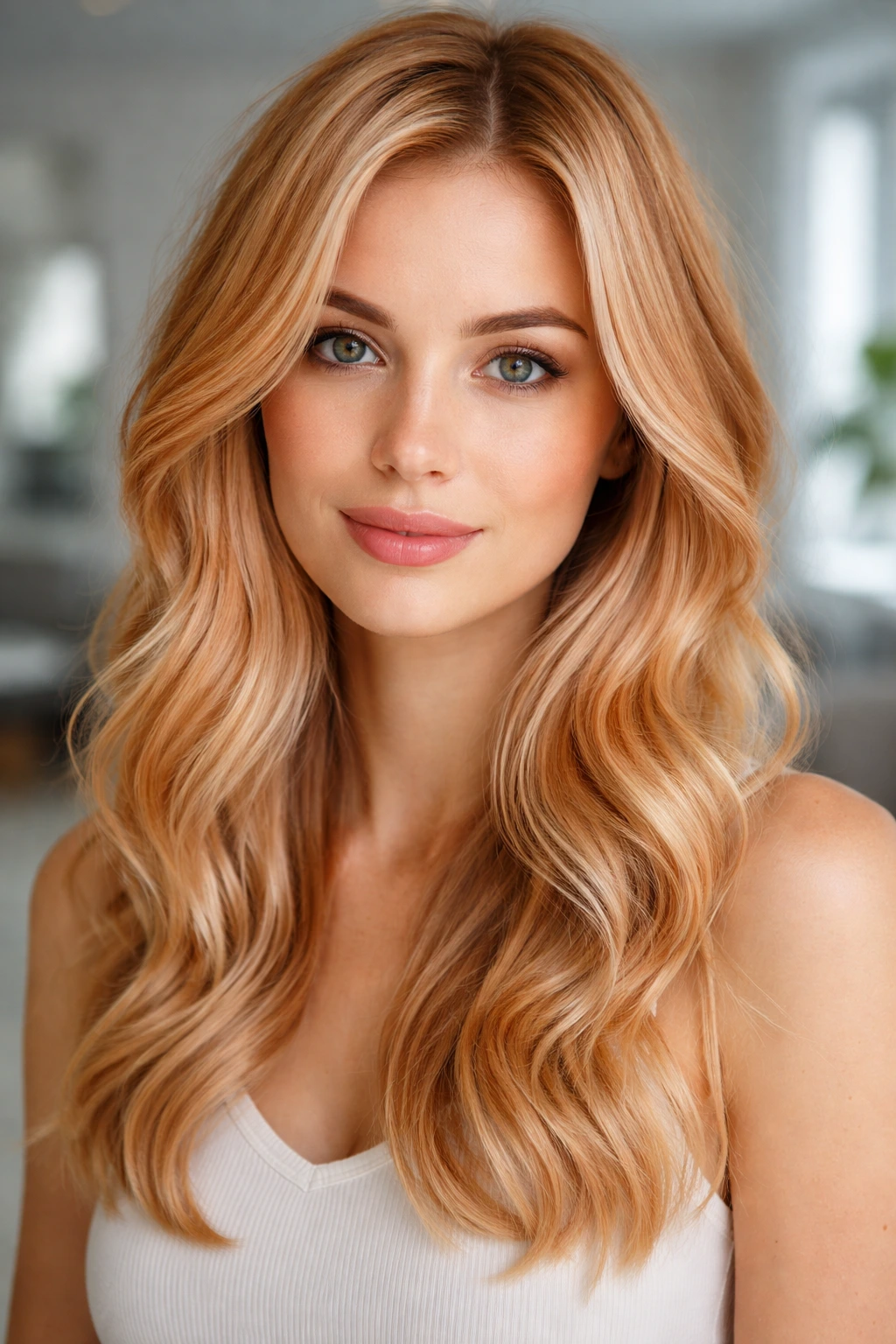 Close-up portrait of a real woman with apricot blonde hair in cool base