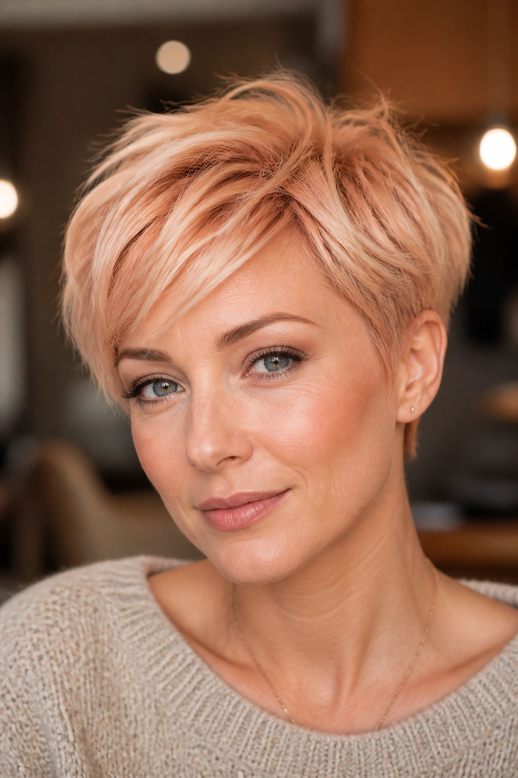 Close-up of a real woman with apricot blonde pixie and soft texture