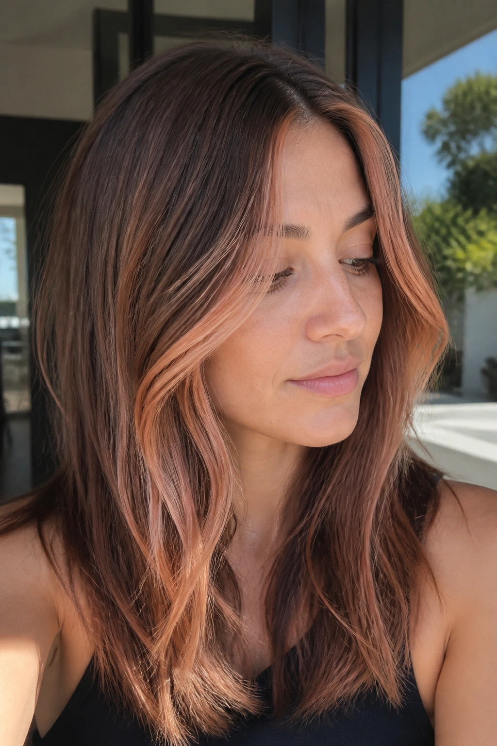 Close-up of apricot blonde slices through chestnut hair