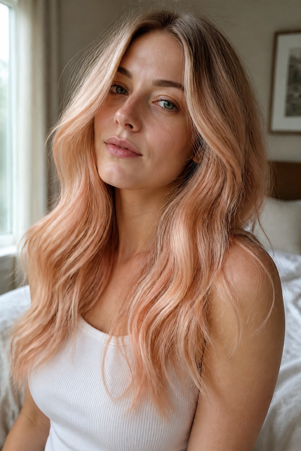 Portrait of a woman with apricot champagne fade on fine long hair