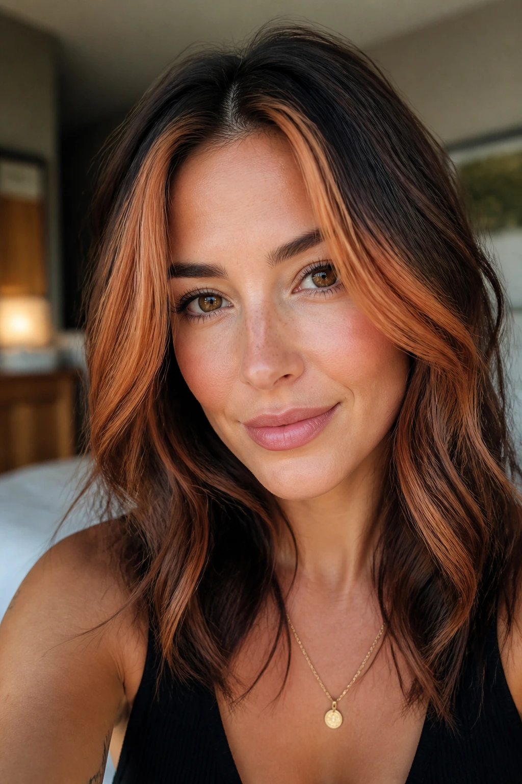 Close-up of a real woman showing face-framing apricot copper balayage around the face in natural window light