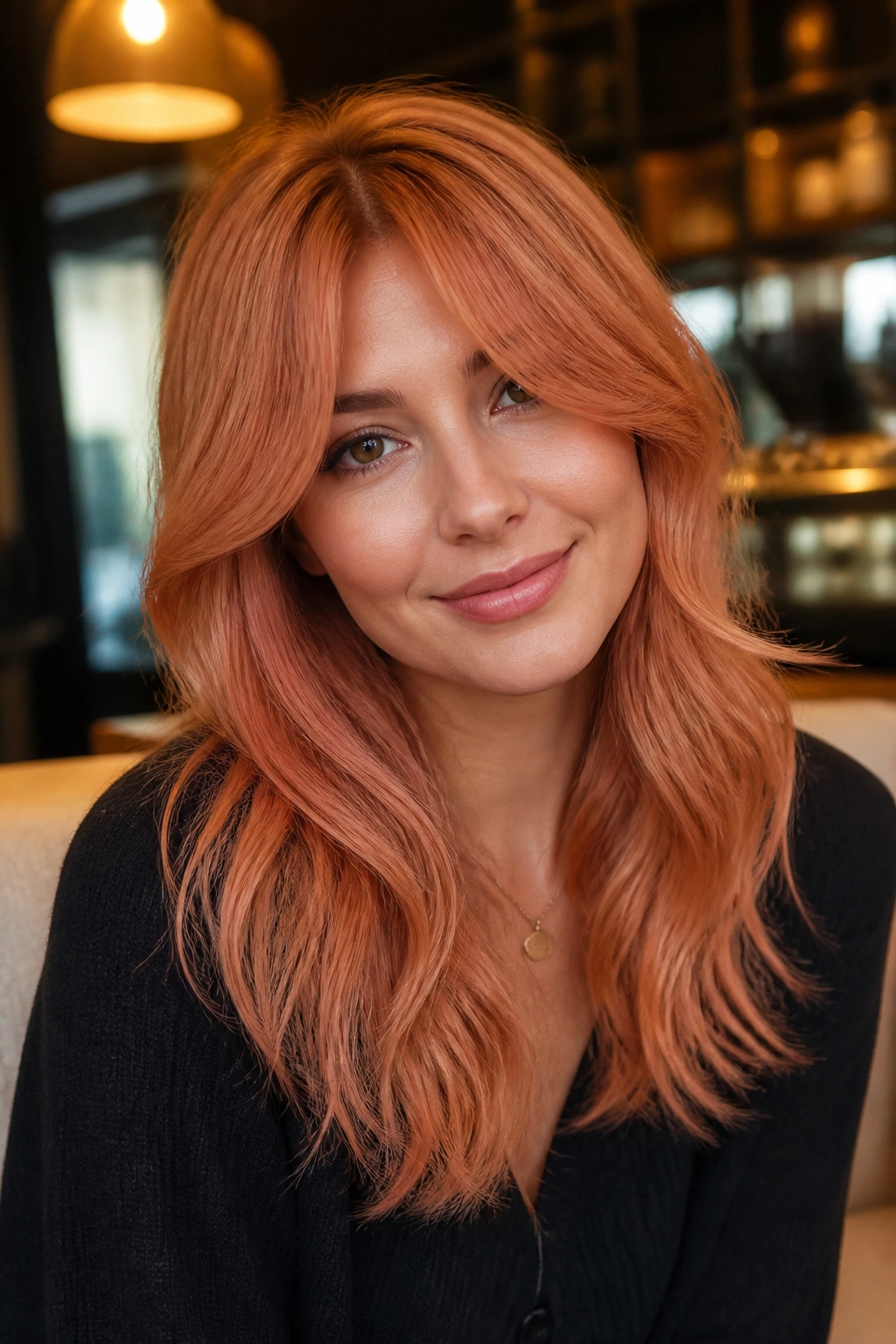 Close-up of a real woman with apricot copper hair and curtain bangs