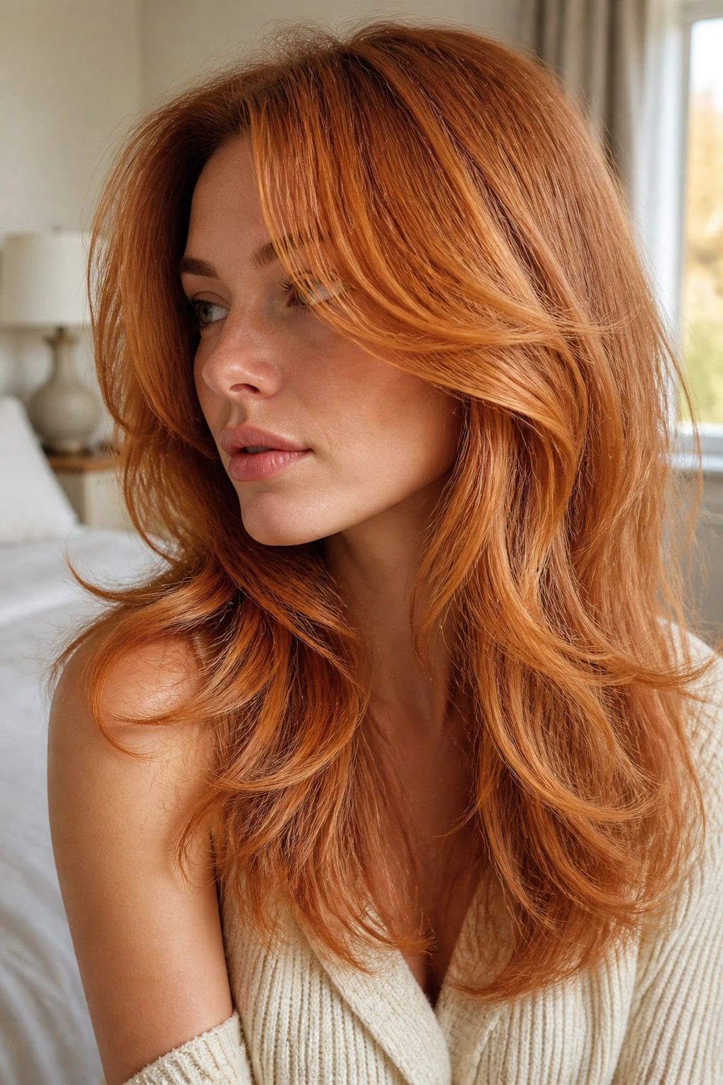 Close-up of a real woman with apricot copper on feathered layers in bright daylight