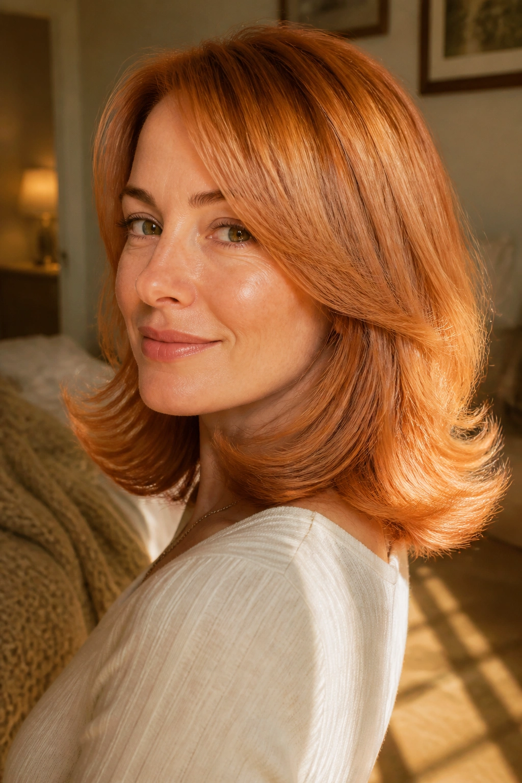 Real person with apricot copper flip ends showing bright, bent ends