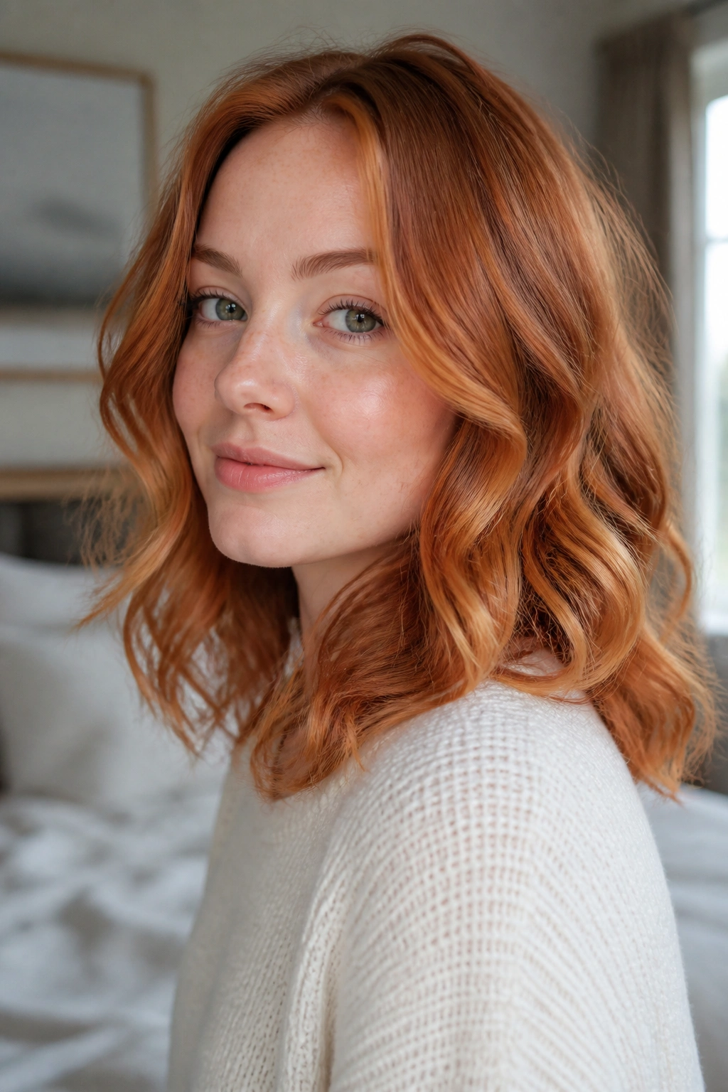 Close-up of a real woman with apricot copper hair in airy curls.