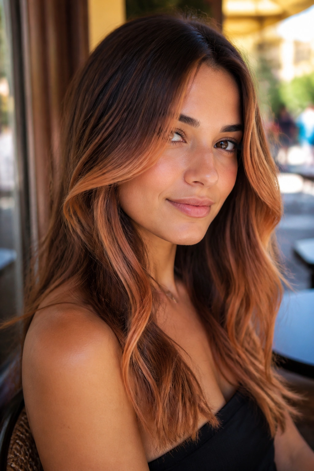 Close-up portrait of a woman with apricot copper peeking through medium mocha hair