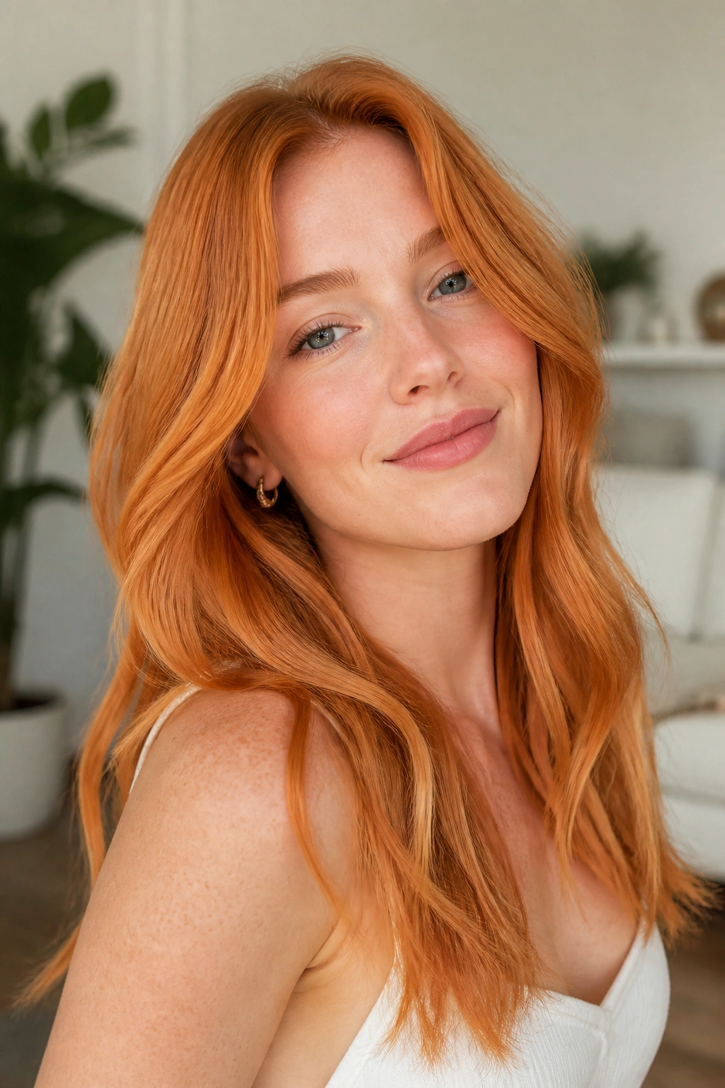 Close-up of a real woman with apricot copper hair in a bright living room