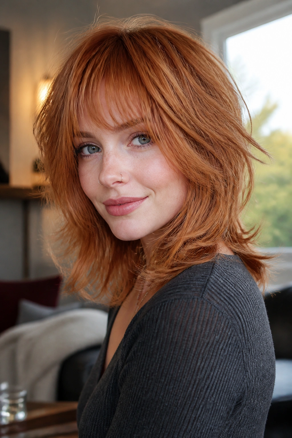 Medium close-up of a real person with apricot copper shag hairstyle in natural light