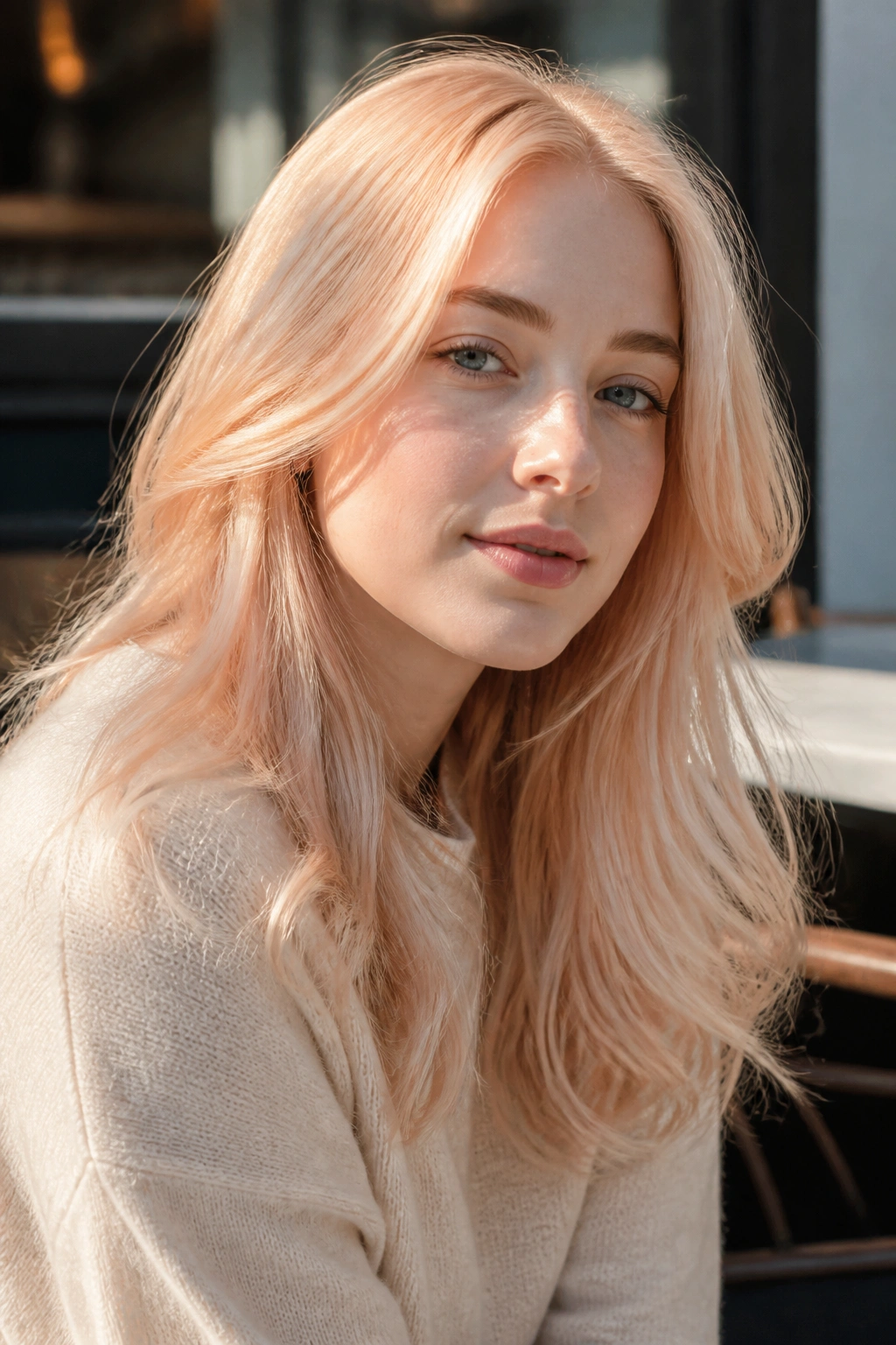 Close-up portrait of a real woman with apricot cream blonde hair
