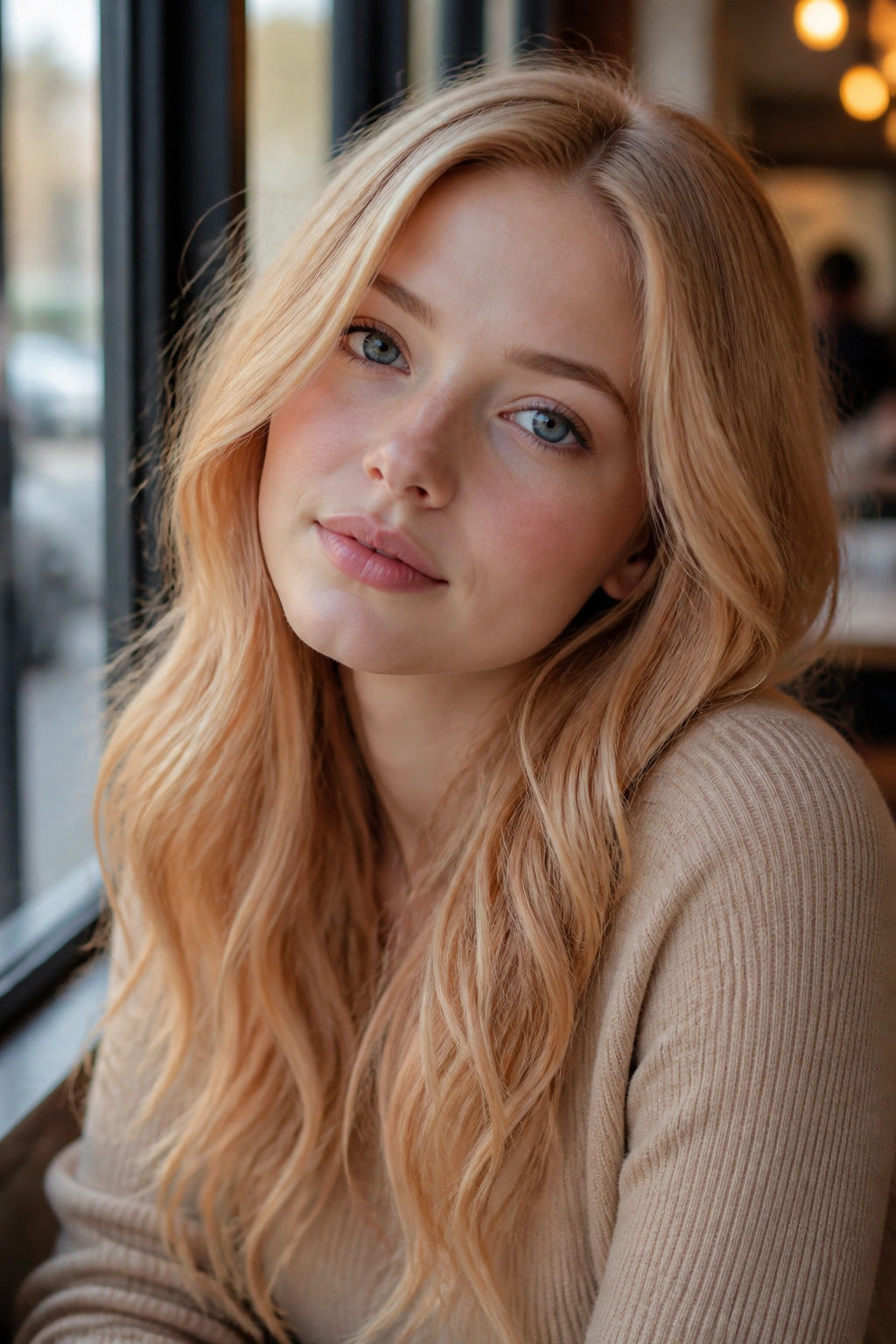 Close-up of a real person with Apricot-Filtered Strawberry Blonde under daylight