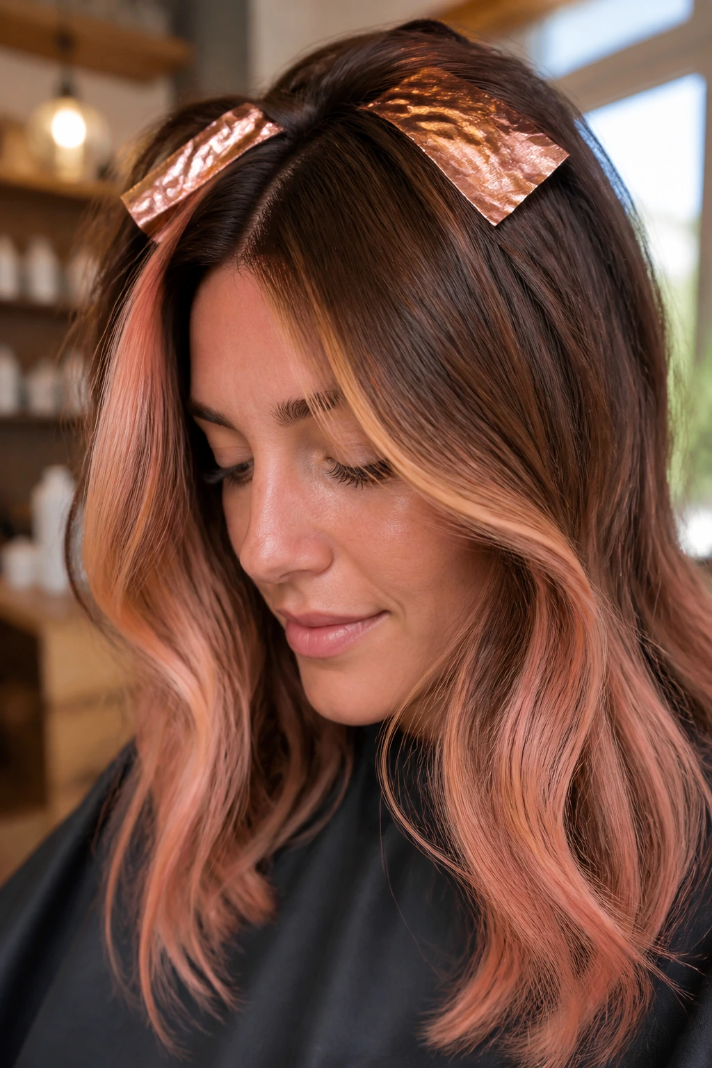 Close-up of brown hair with apricot foils through mid-lengths in a warm salon setting