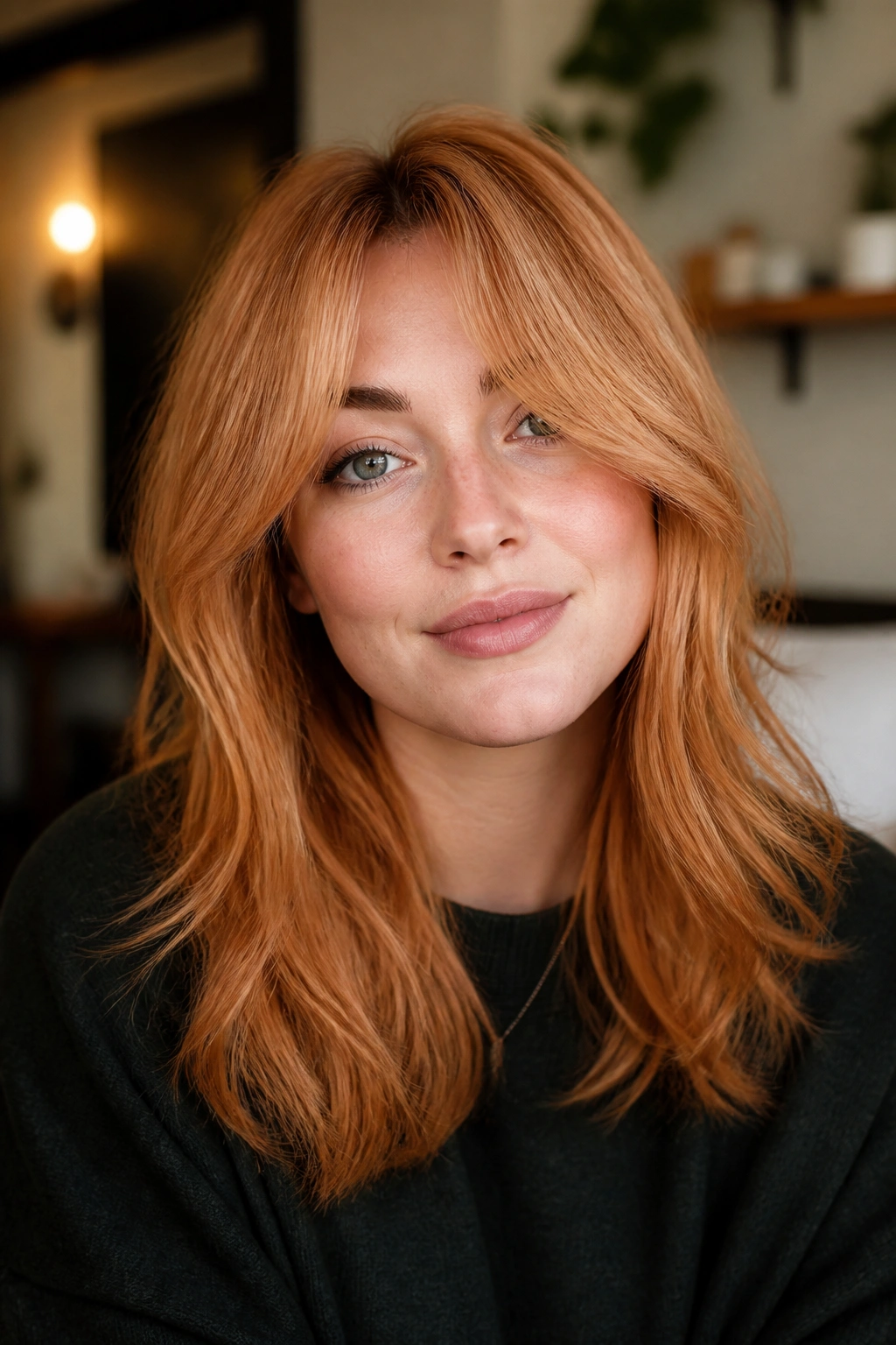 Apricot ginger with bottleneck bangs on a real woman