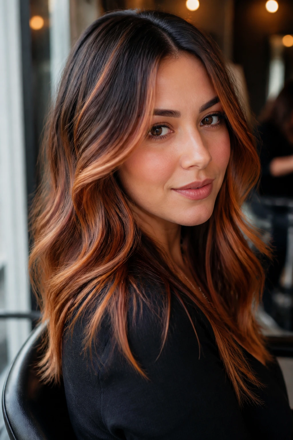 Close-up of a real woman with apricot highlights on dark brown hair