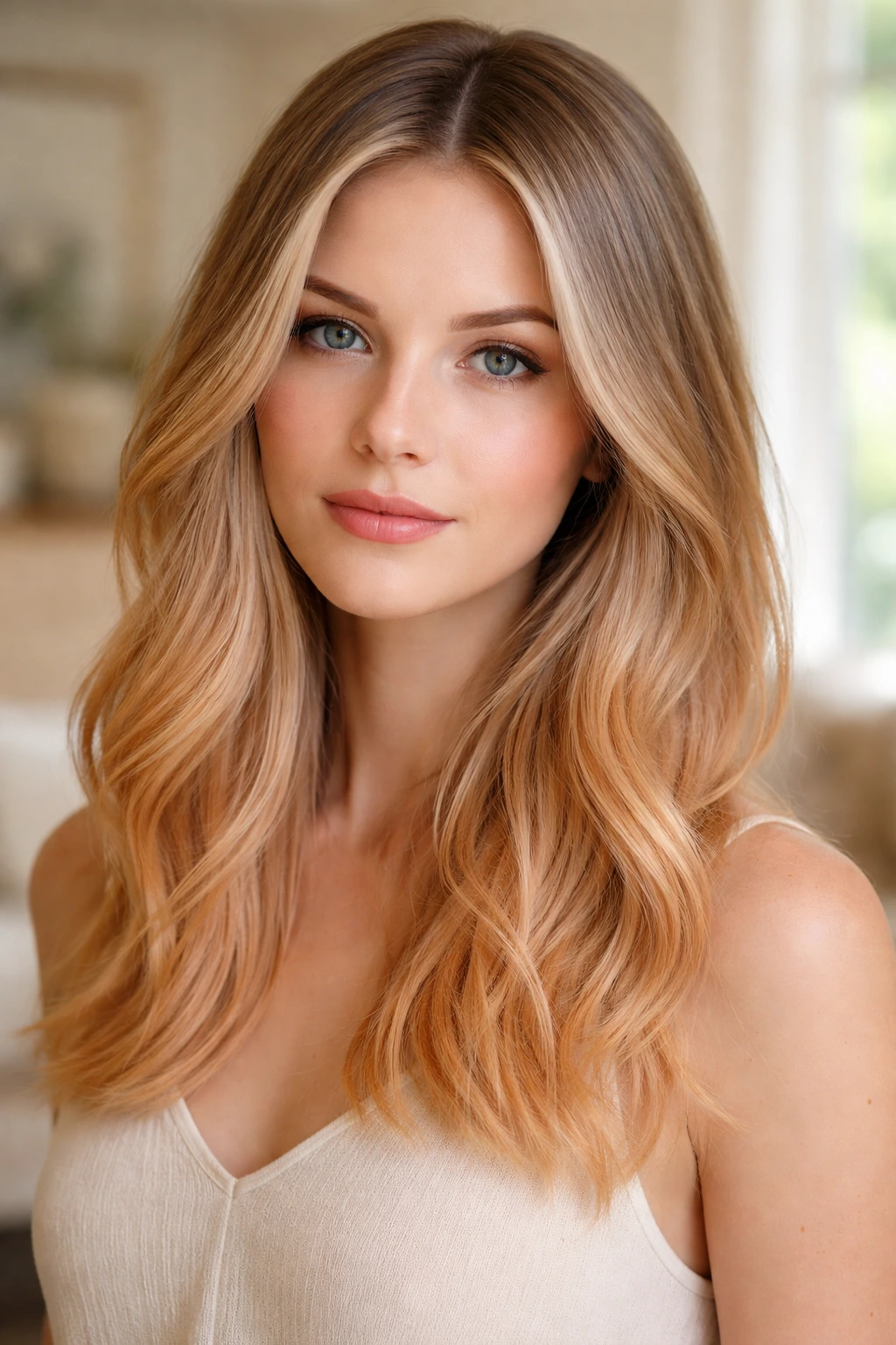 Close-up portrait showing ash blonde roots fading into apricot ends in an ombré