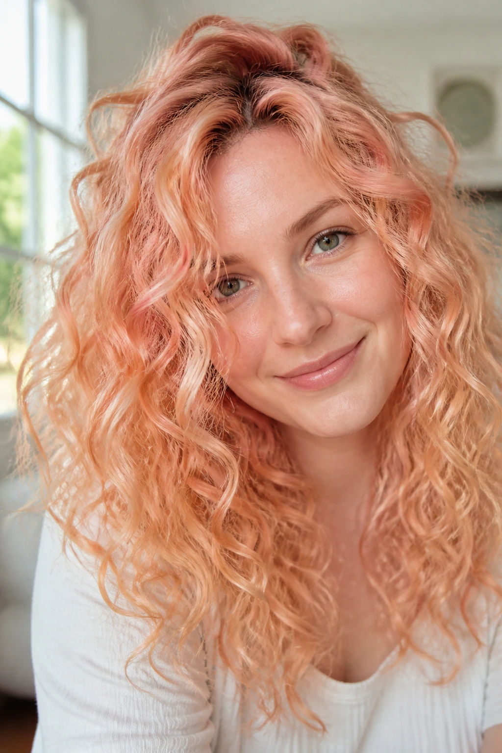 Real person with apricot-peach tint on curls and pale blonde base visible.