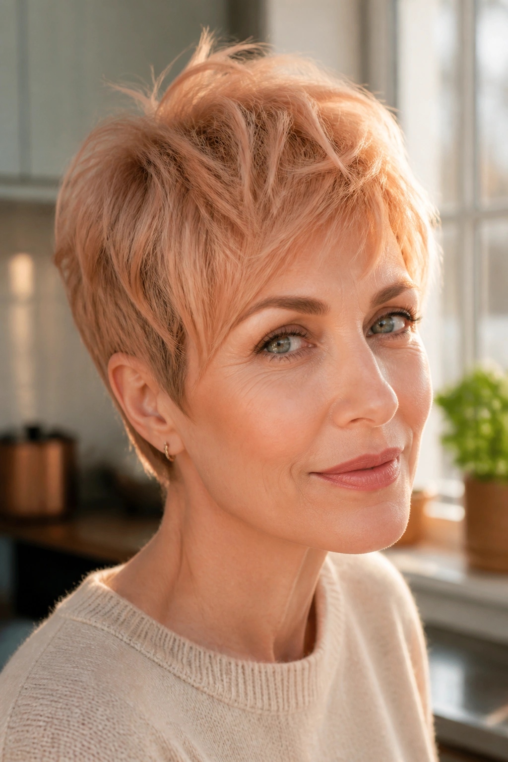 Close-up of a real woman wearing an apricot airy pixie with lifted layers