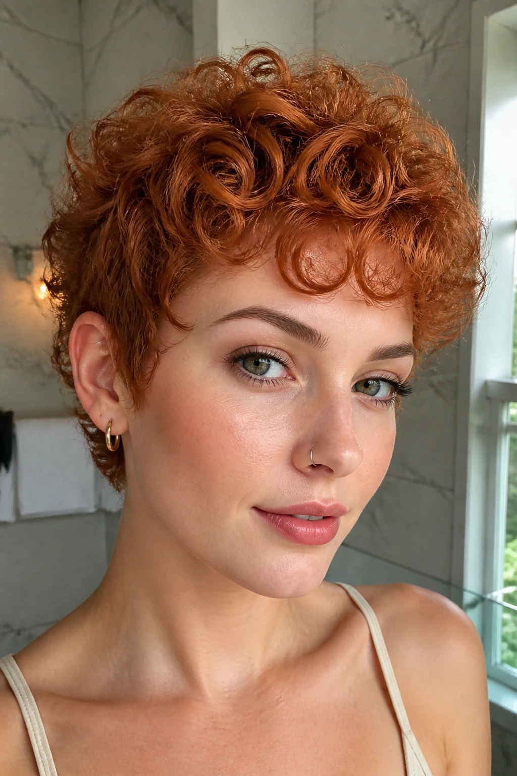Close-up of apricot-red curly pixie on a real person in soft light