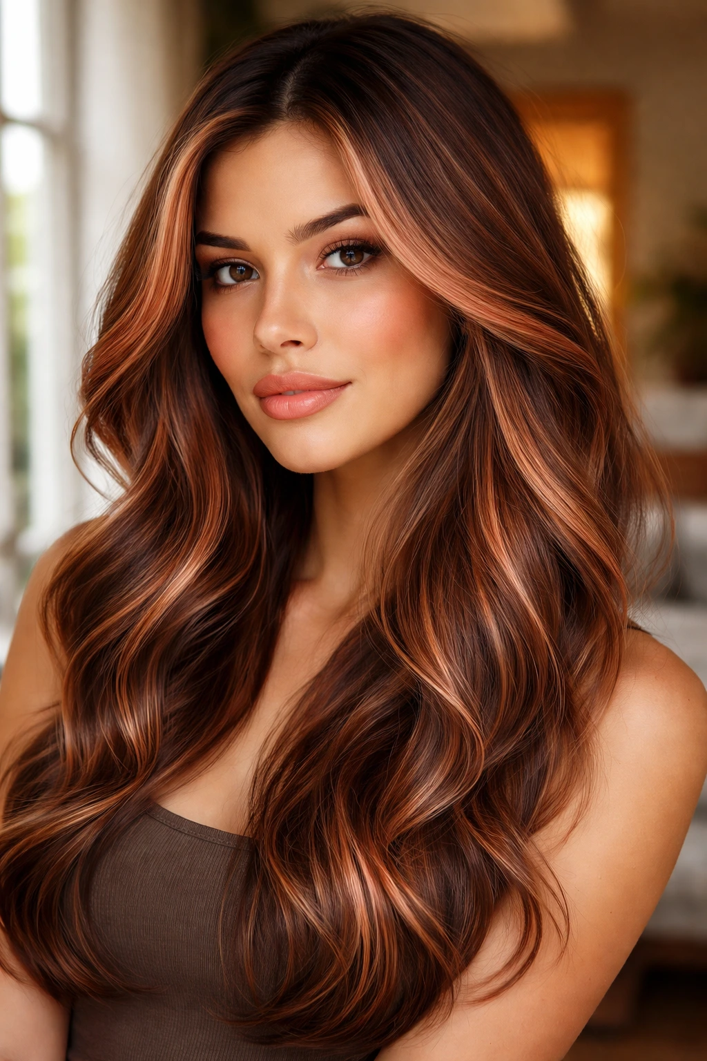 Close-up of a real woman with apricot rose highlights on warm brunette hair