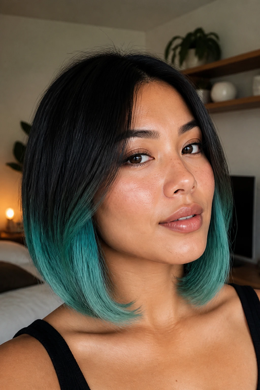 Close-up portrait of collarbone-length hair with aqua ends