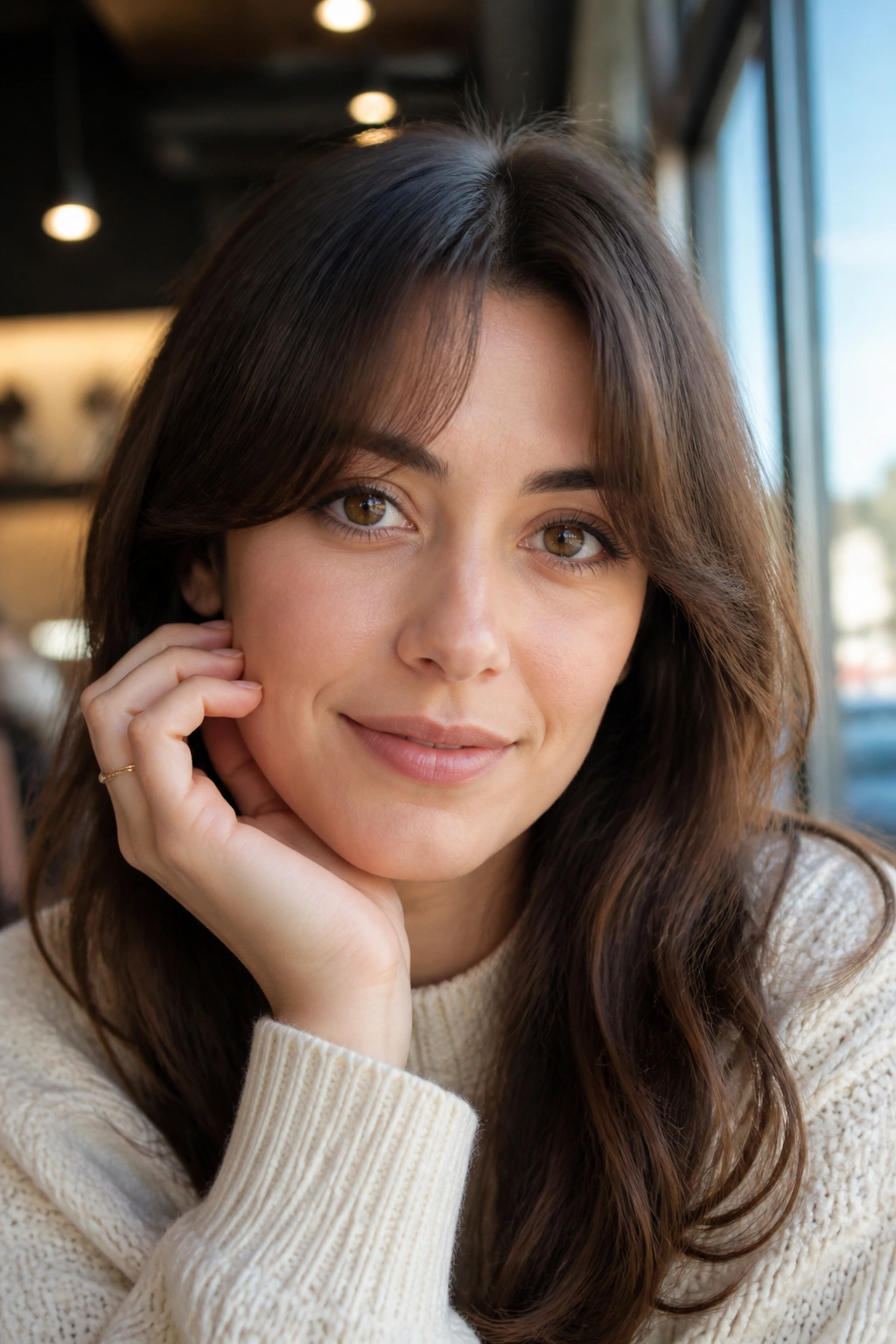 Close-up of a real woman with arched bangs above the brows in a cafe window setting