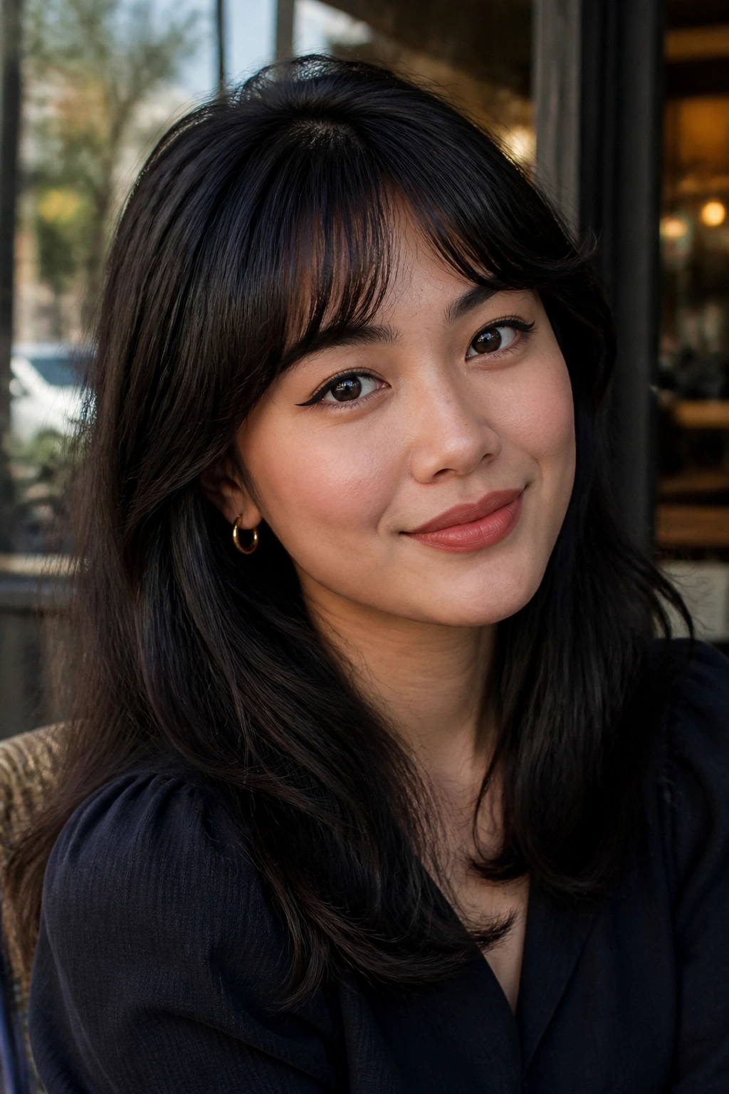 Portrait of a woman with arched bangs following the brow line in natural light