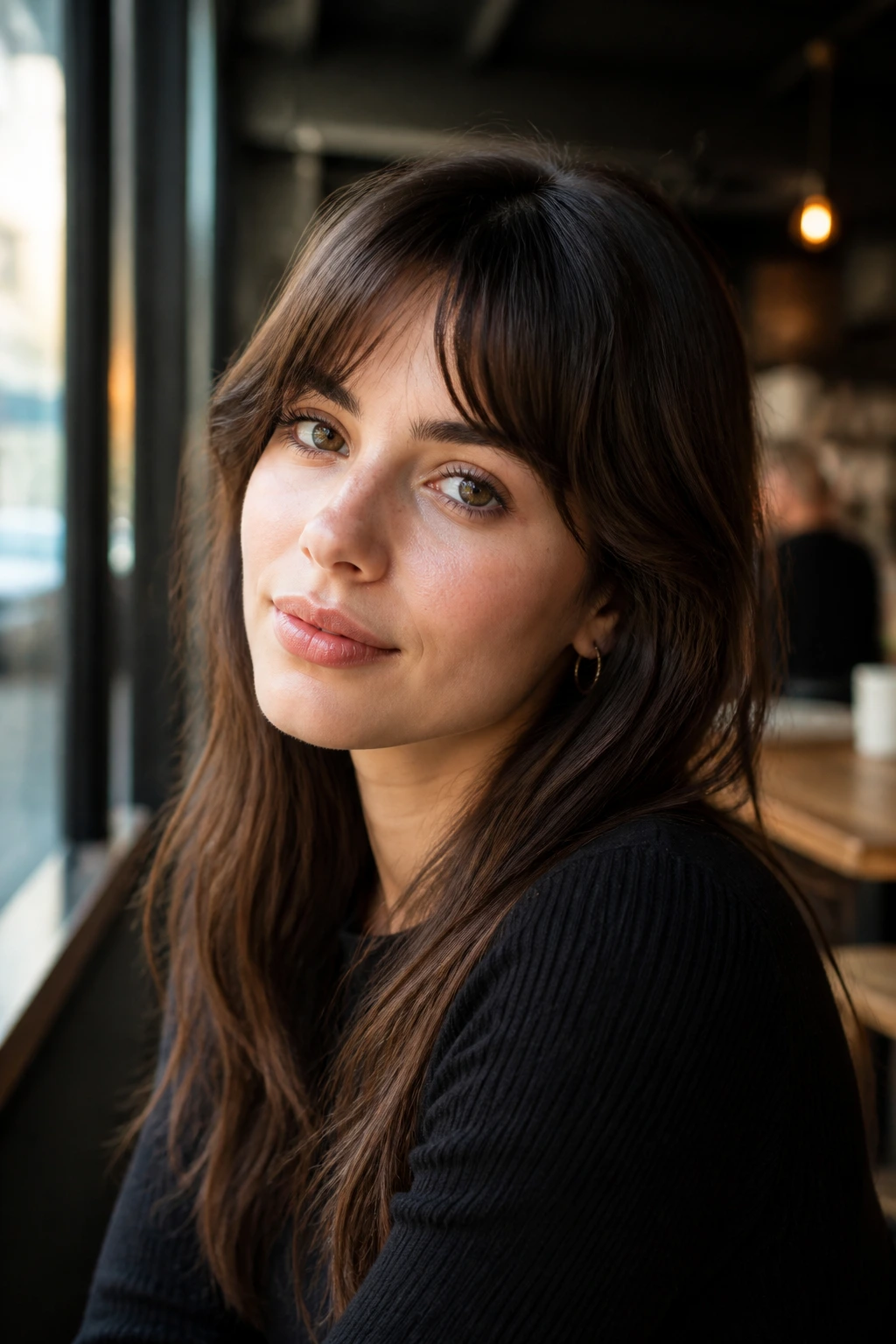 Real woman with arched bangs sitting in a cafe, arc fringe visible