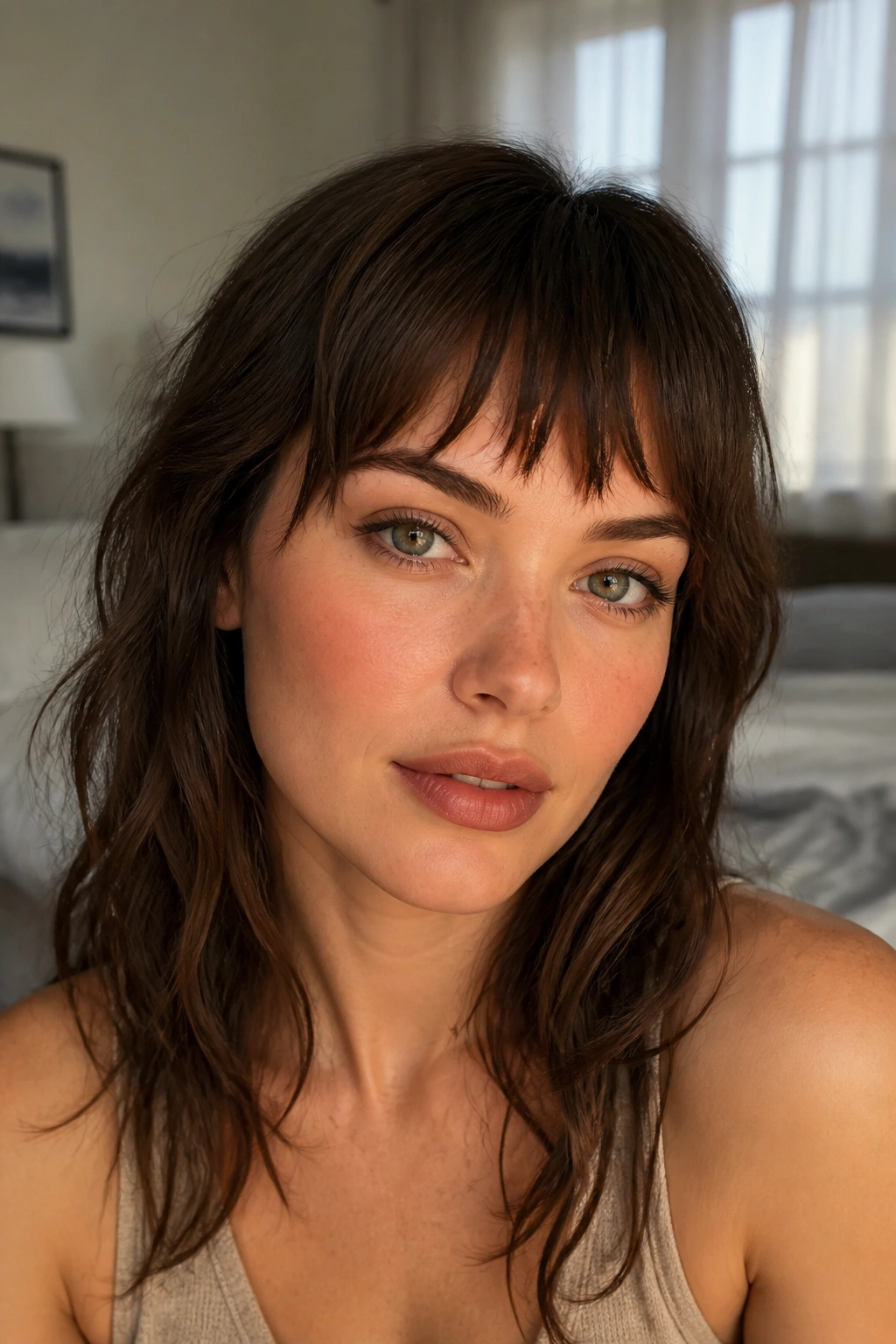 Close-up of a real woman with arched choppy bangs following brow line in soft light