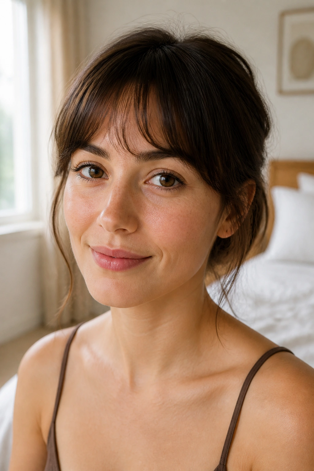 Close-up portrait of a real woman with arched bangs following the brow