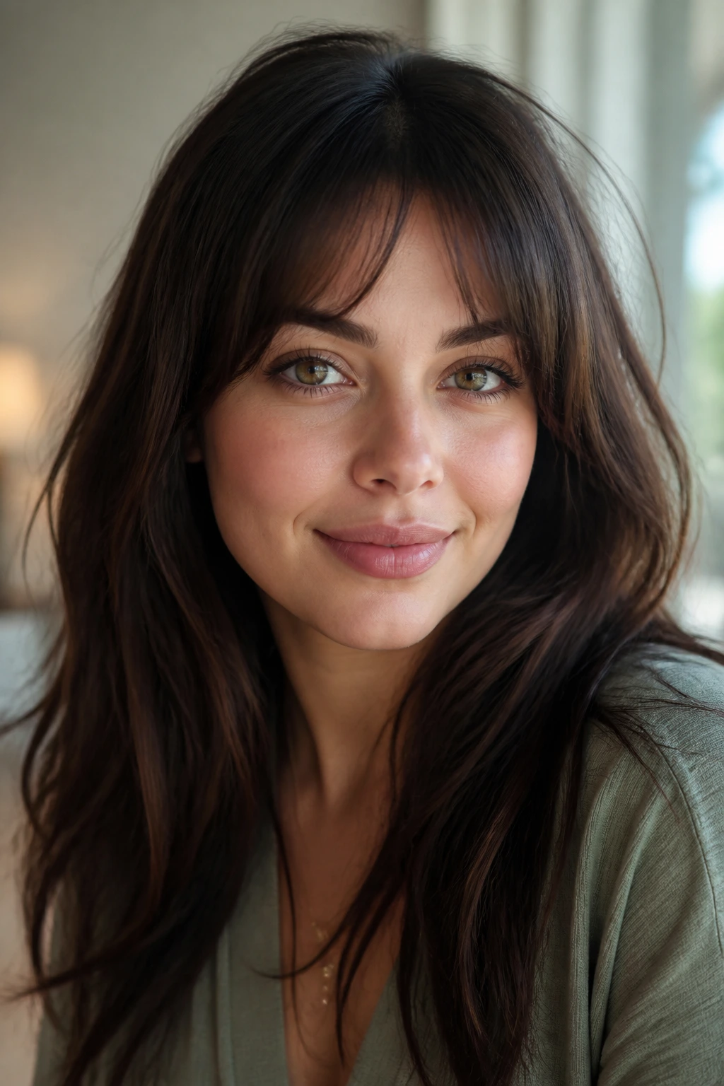 Close-up portrait of a real woman with arched bangs following the brow