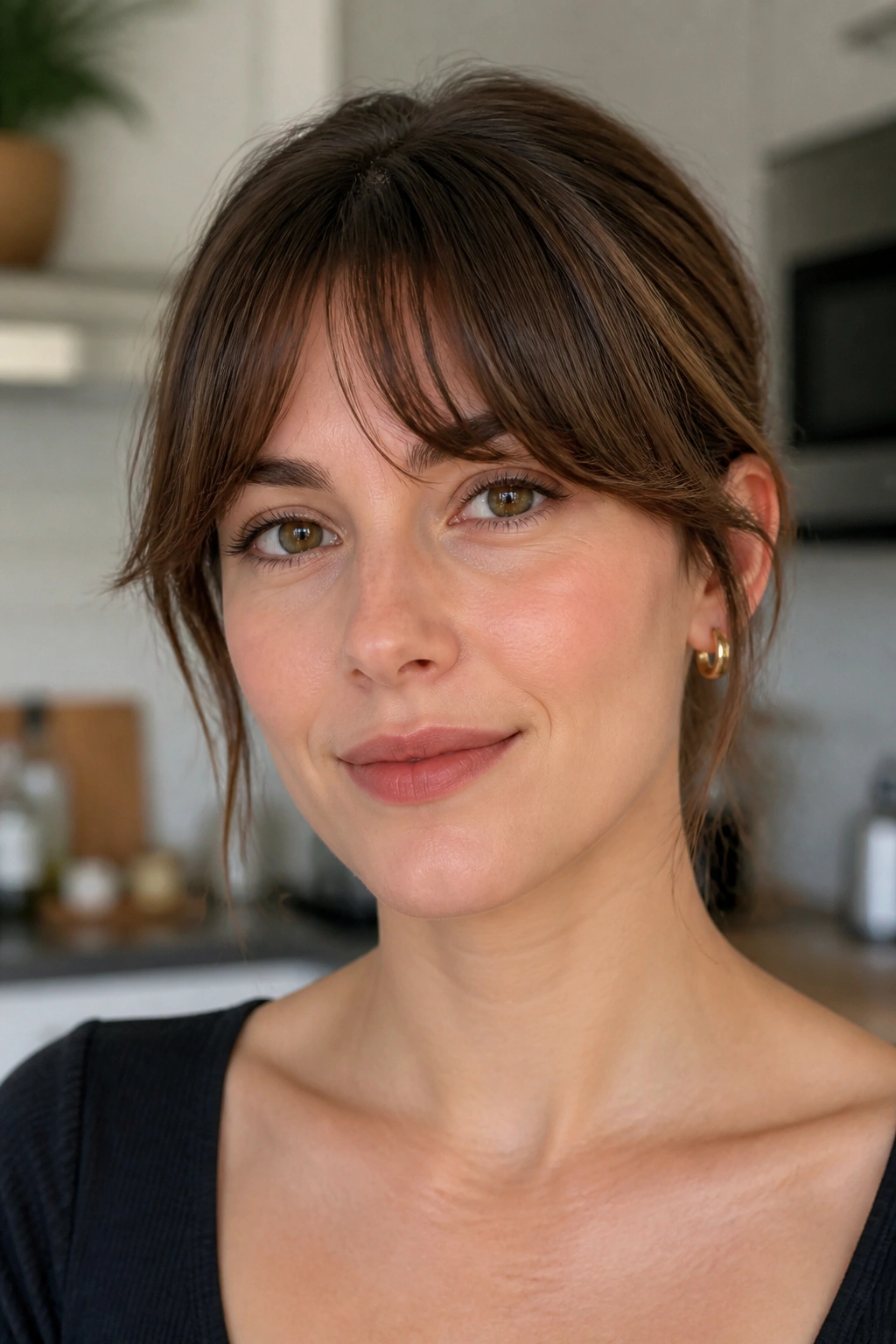 Close-up of a real woman with brow-skimming arched bangs stretched past the brows