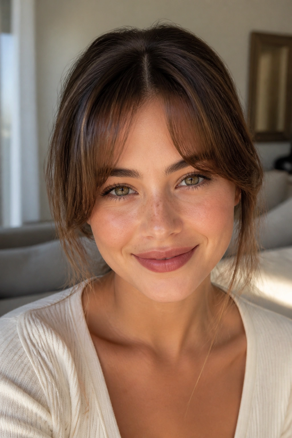 Close-up of a real woman with arched half bangs opening at center, soft brow framing in warm natural light