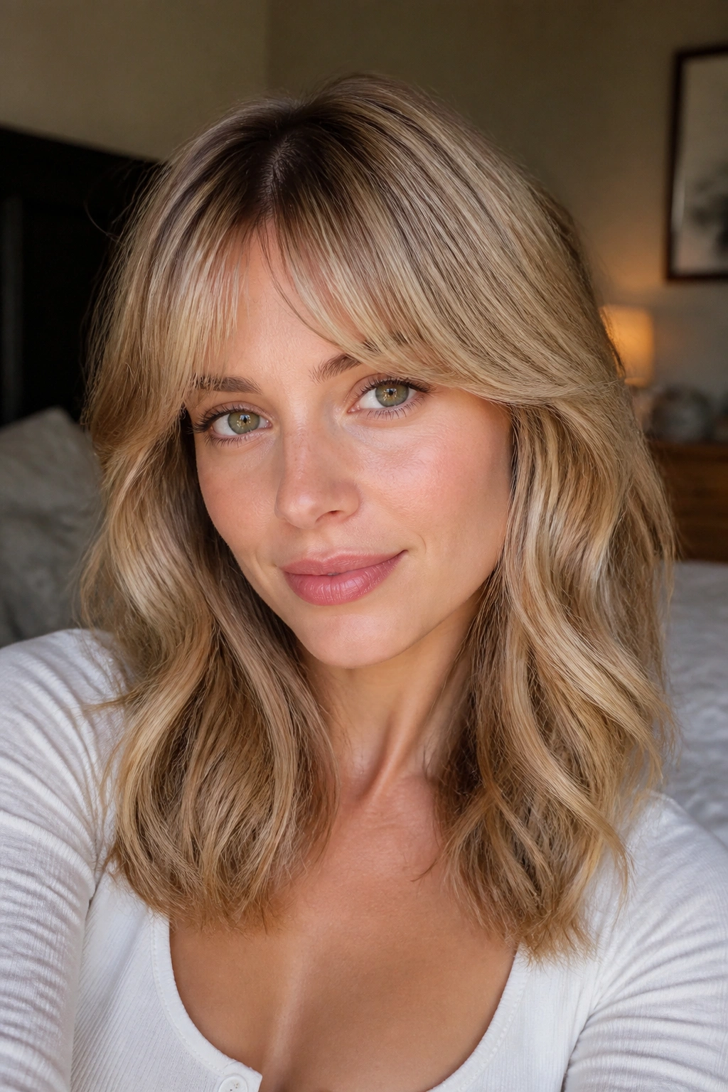 Close-up portrait of a real woman with arched bangs and a soft center dip in medium blonde hair.