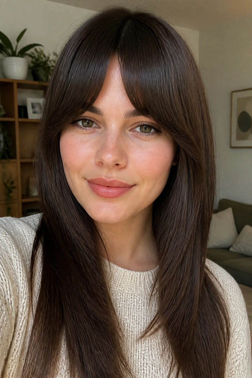 Close-up of a woman with deep brown straight cut and arched bangs