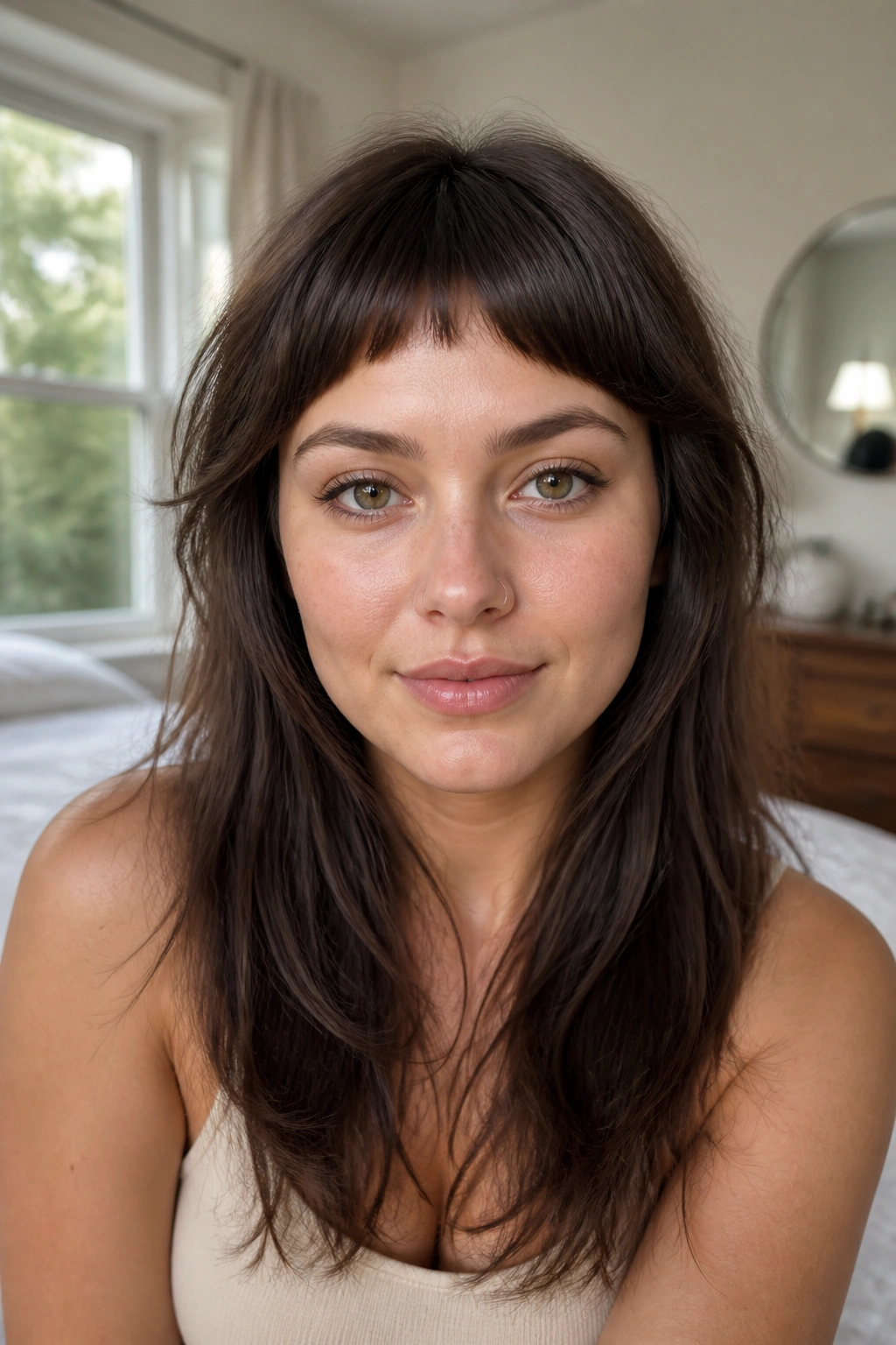 Close-up of a real woman with arched micro bangs that lift at the center
