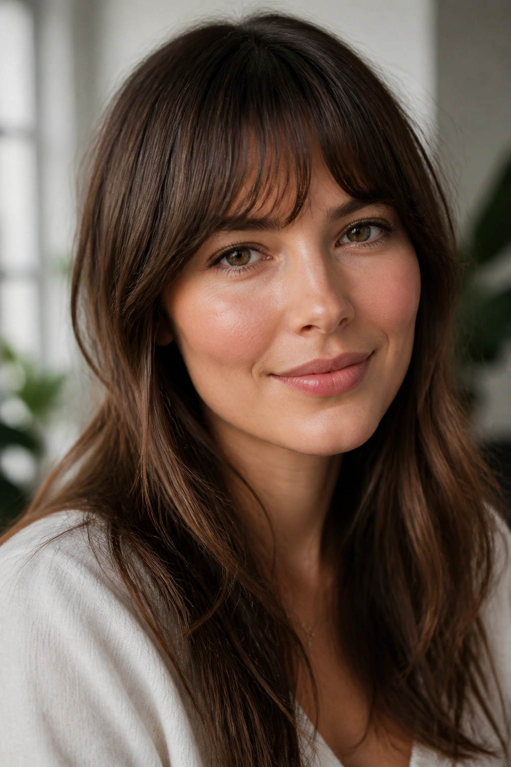 Portrait of a woman with brow-skimming arched bangs