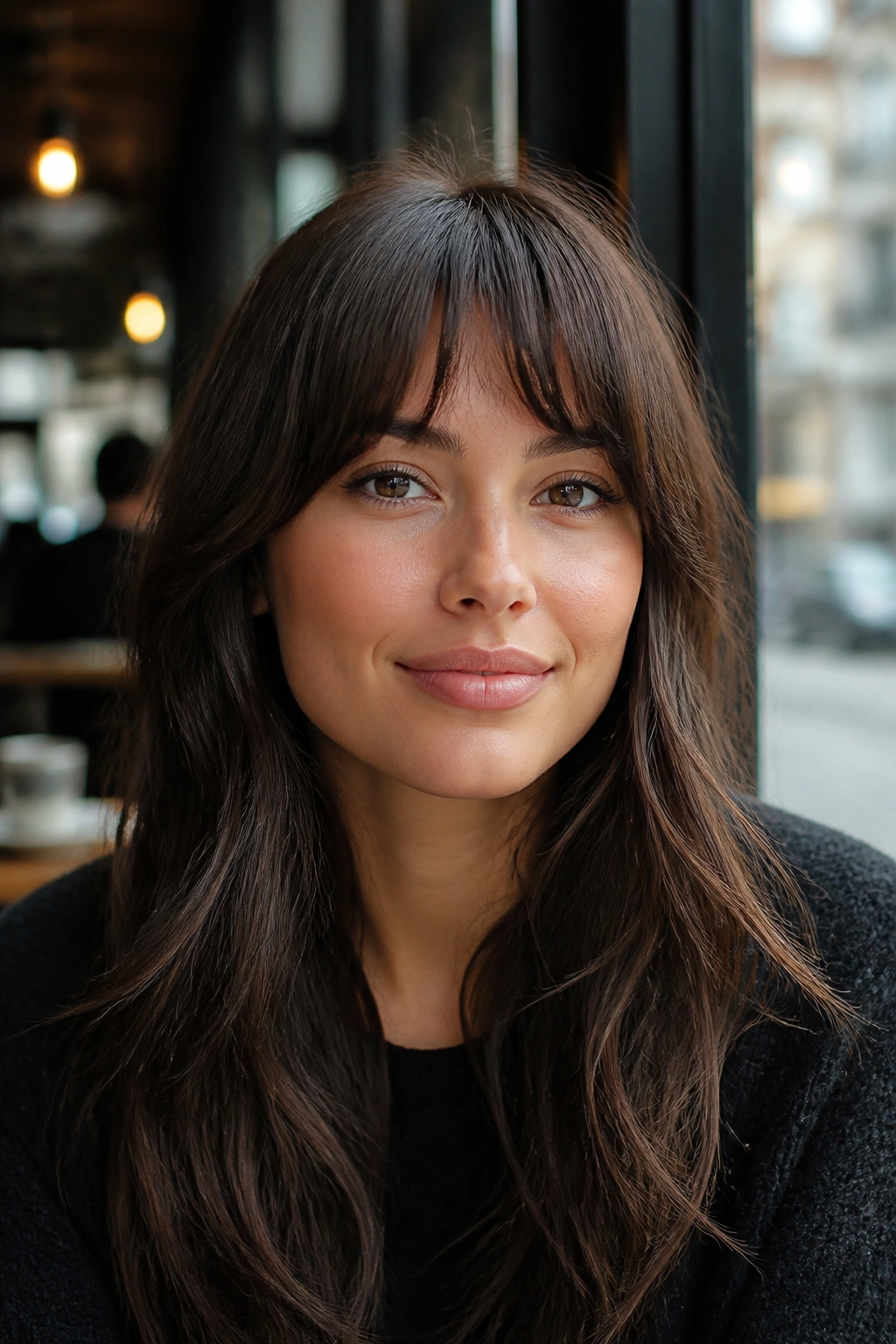 Portrait of a woman with arched bangs at cafe window