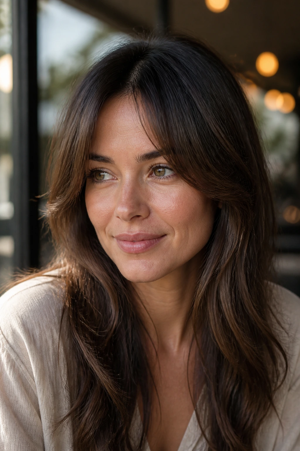 Close-up of a real woman with long arched bangs in a sunlit cafe setting