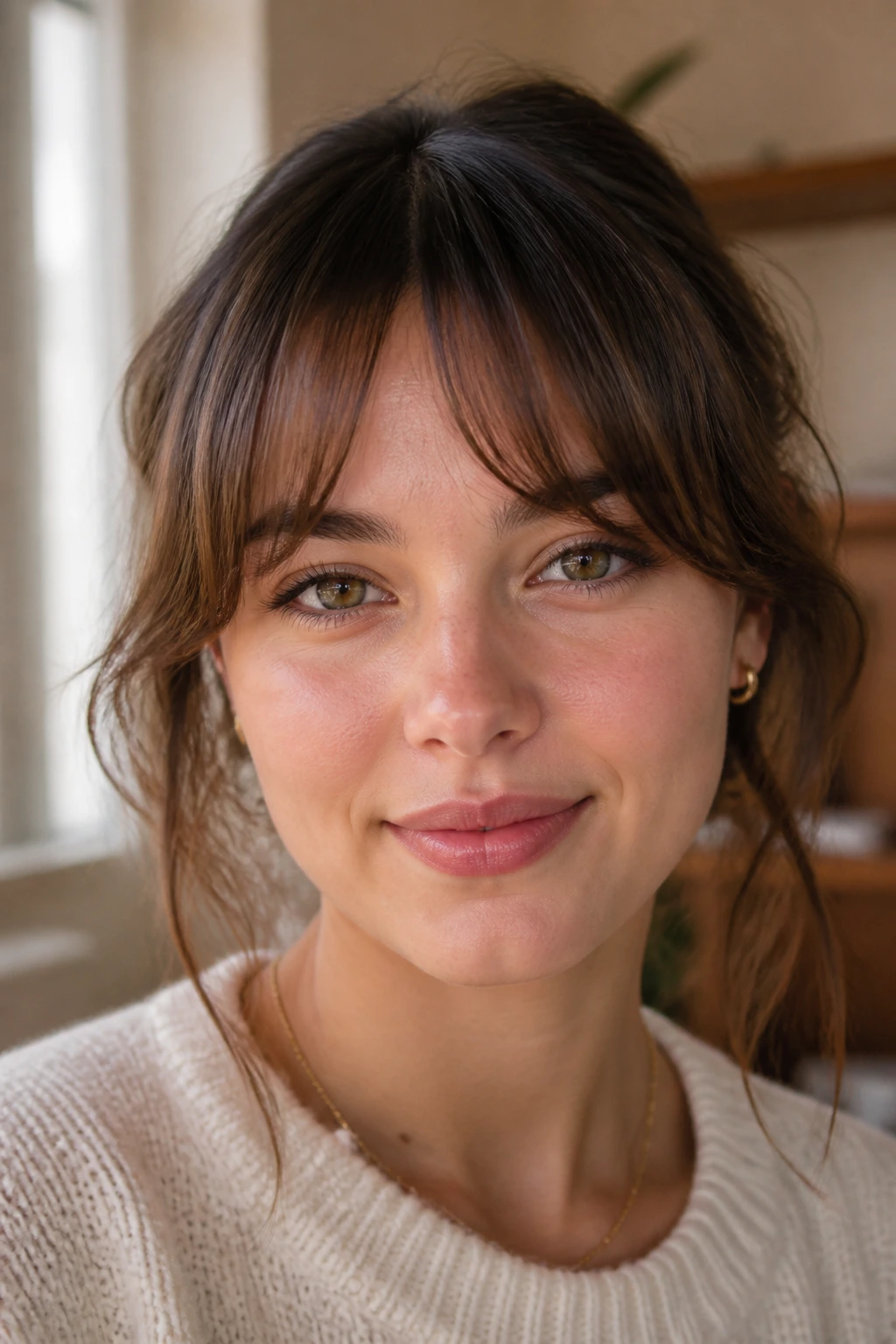 Close-up of a real woman with arched bangs forming a gentle forehead curve.