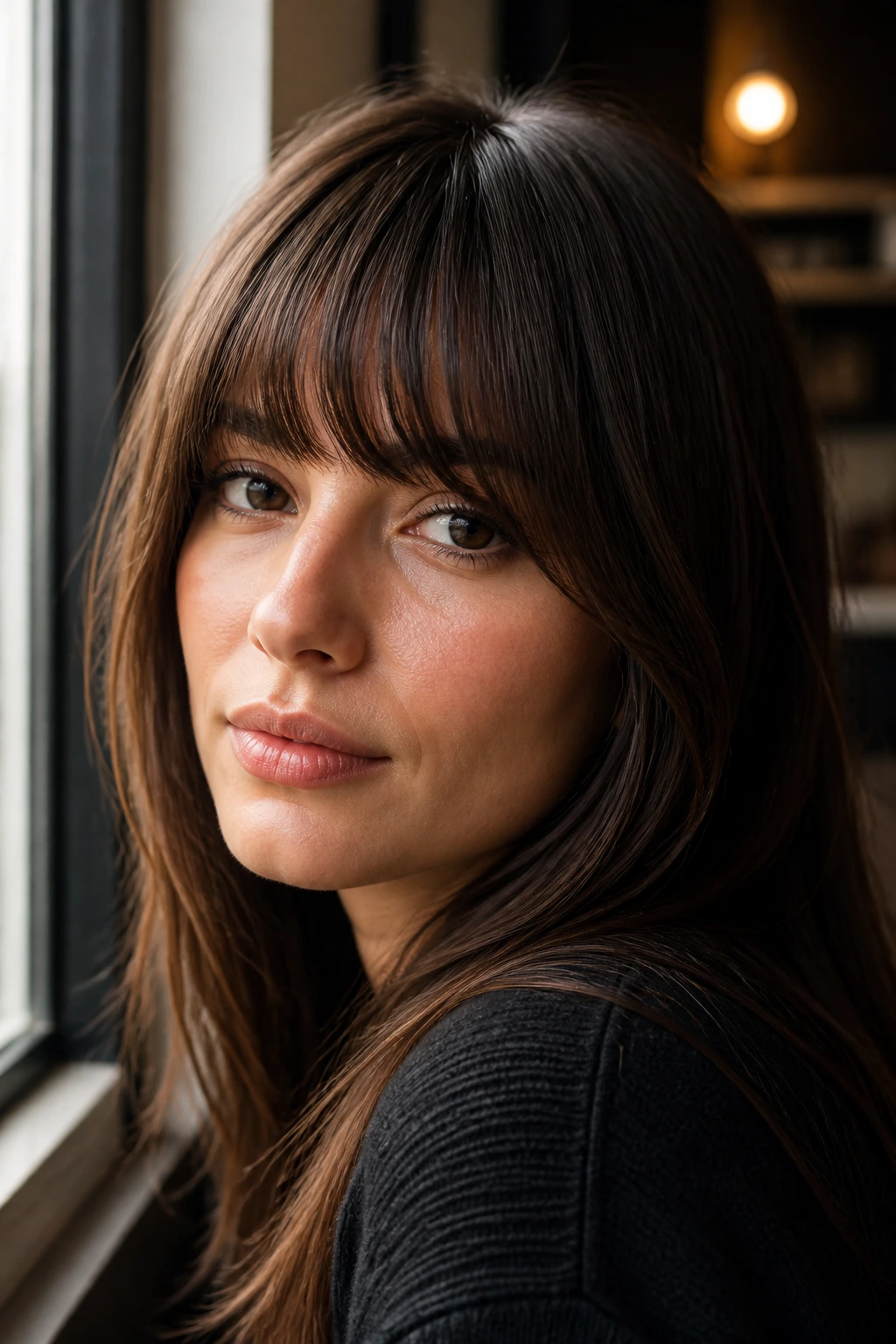 Close-up portrait of a woman with arched bangs in warm daylight