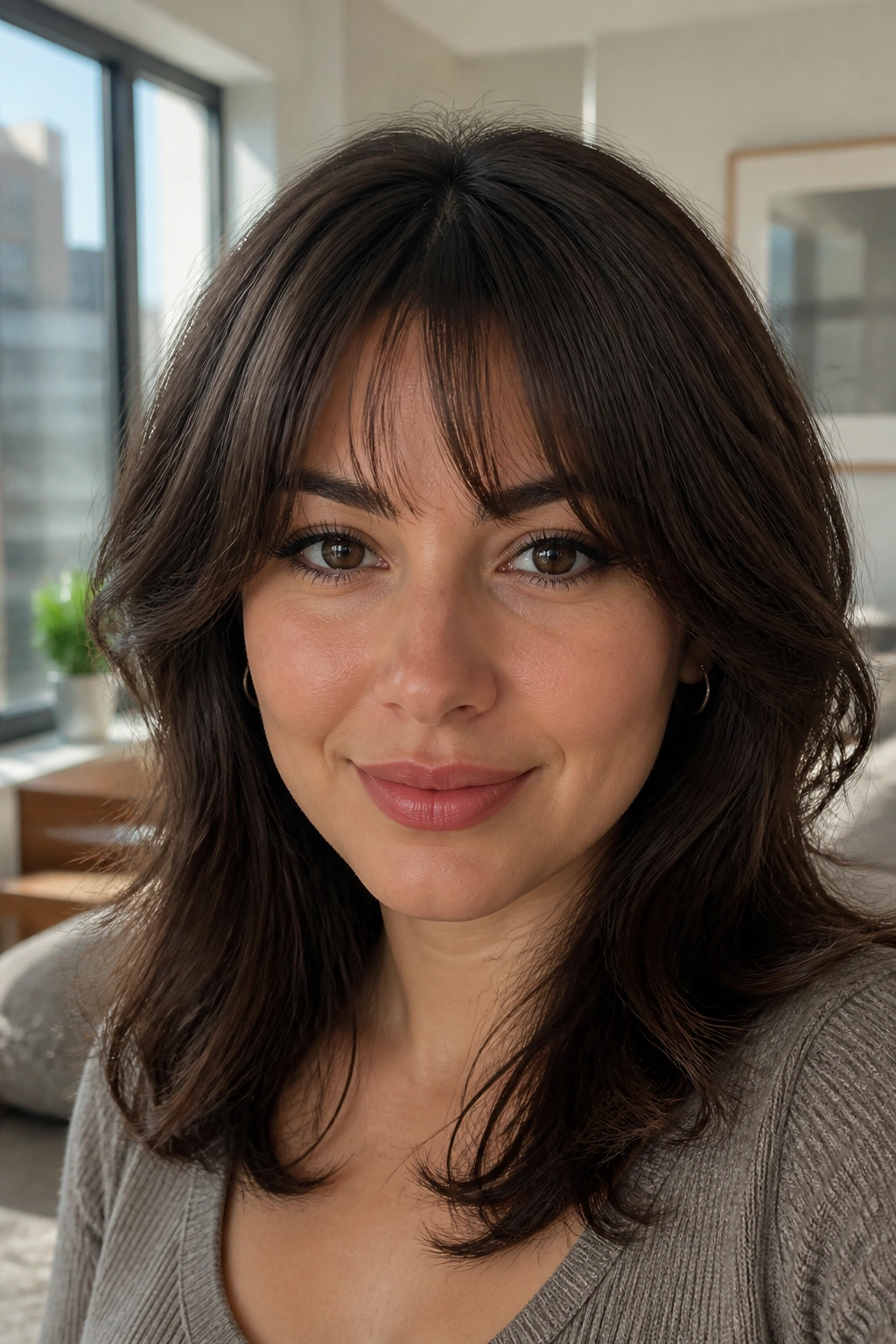 Real woman wearing arched bangs with a shorter center on brunette hair