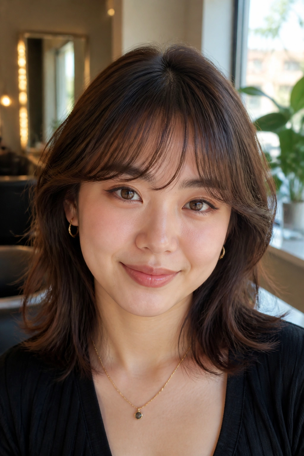 Close-up of arched textured bangs on a real person in a stylish salon