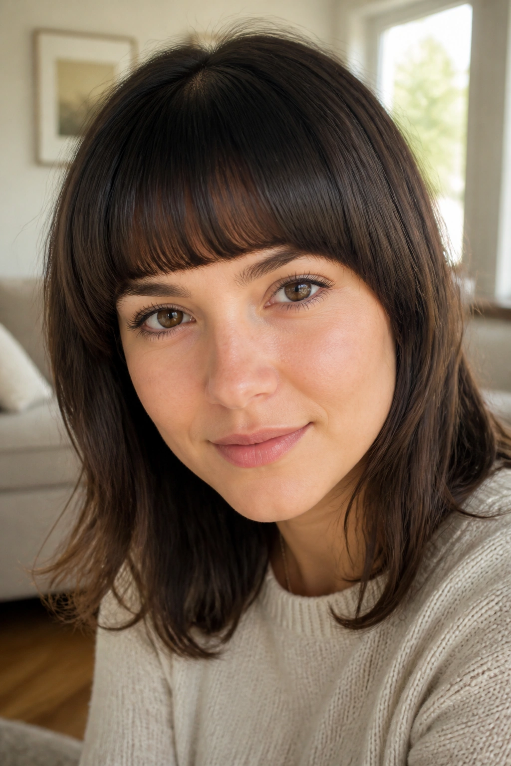 Portrait of a real woman with arched blunt bangs and soft corners in natural light.