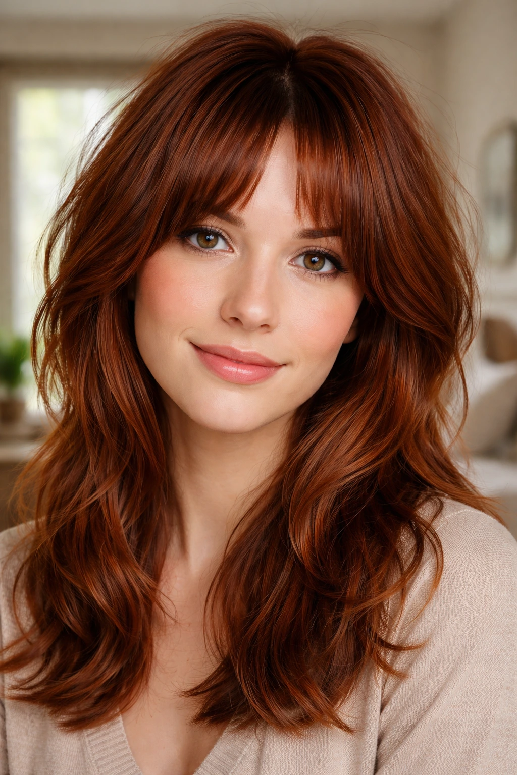 Close-up of a real woman with an arched fringe auburn shag