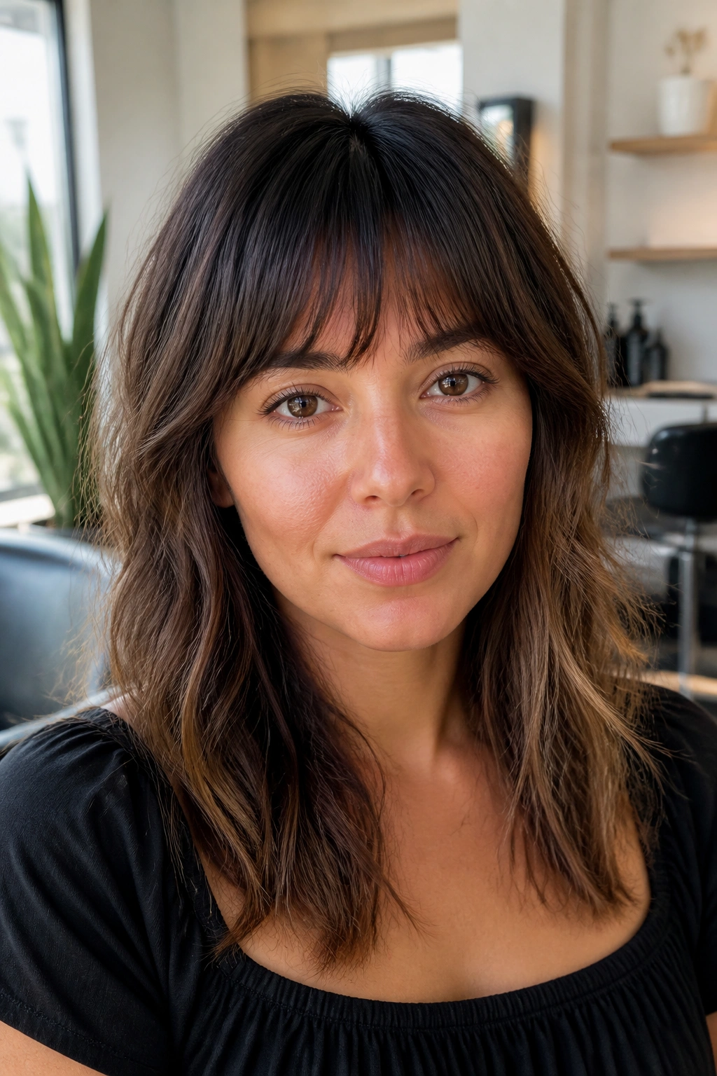 Close-up of a real woman with arched fringe along the brow line in bright natural light