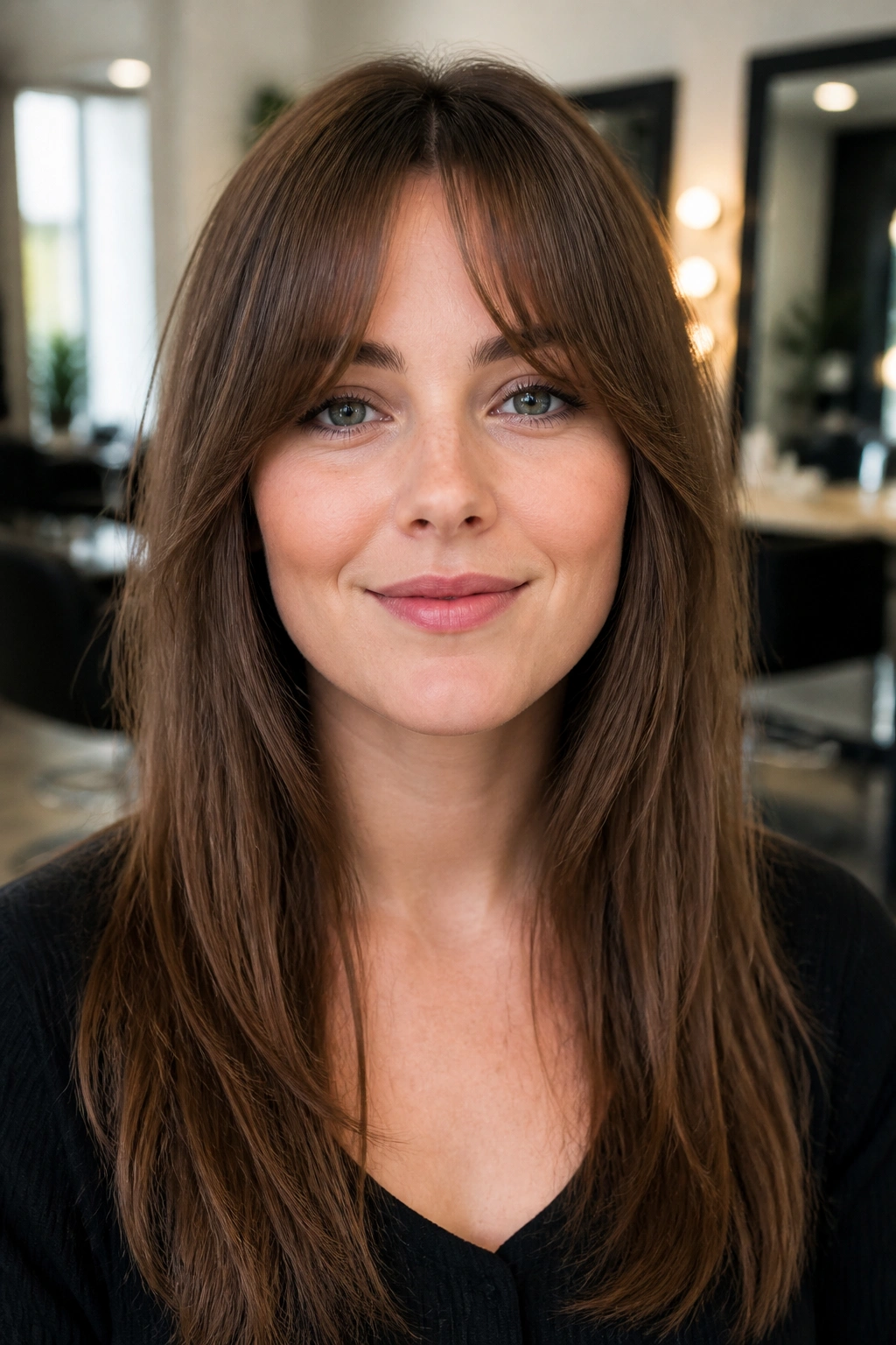 Real woman with softly arched fringe opened at center, in a bright salon setting.