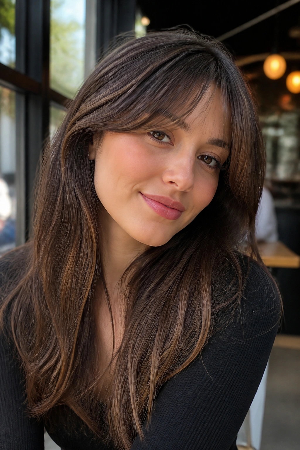Real woman with arched fringe and soft lift, warm brown hair and caramel highlights, cafe window light.