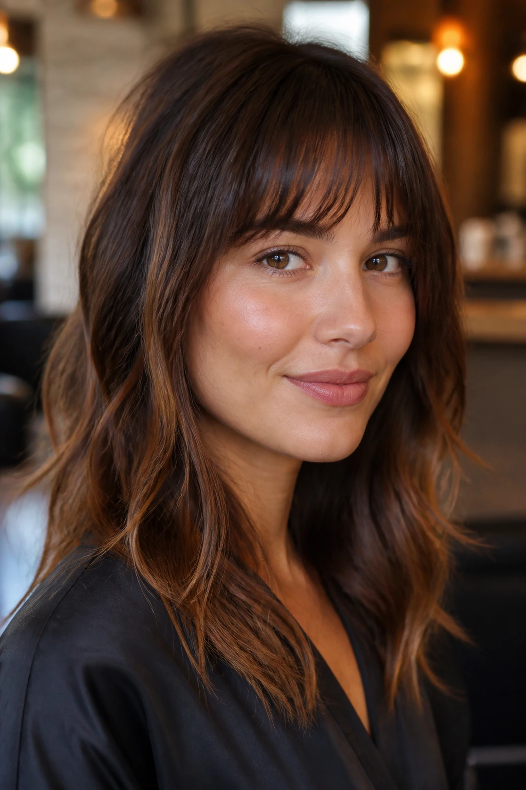 Close-up portrait of a woman with arched choppy fringe in a salon setting