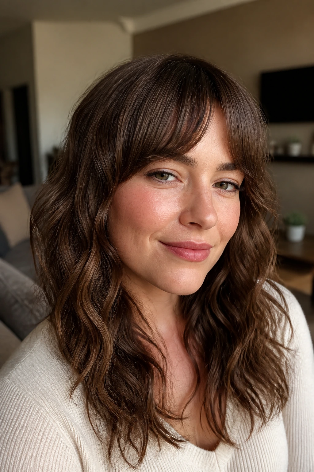Close-up of a real woman with arched fringe and soft waves