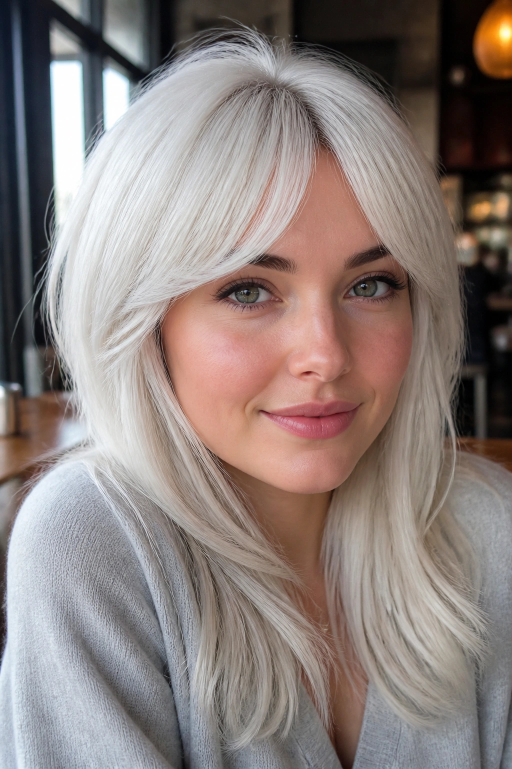 Close-up of a real person with an arched white fringe above the brows in a sunlit cafe setting