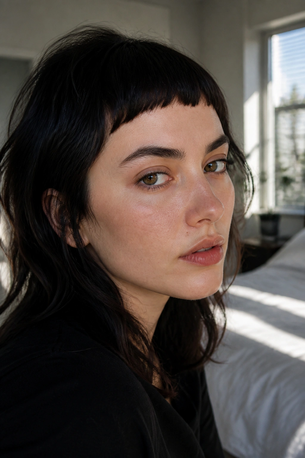 Close-up of arched micro bangs on a real woman with curved fringe under bright window light